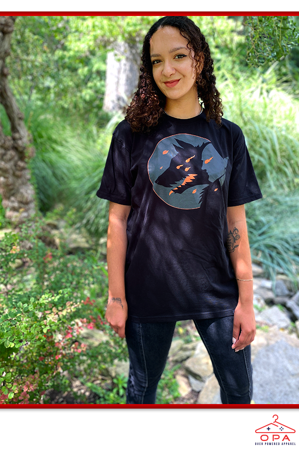 Image shows Dragon Age Dread Wolf OPA Tee worn by female model facing front. Product has water-based ink which does not bleed or fade.