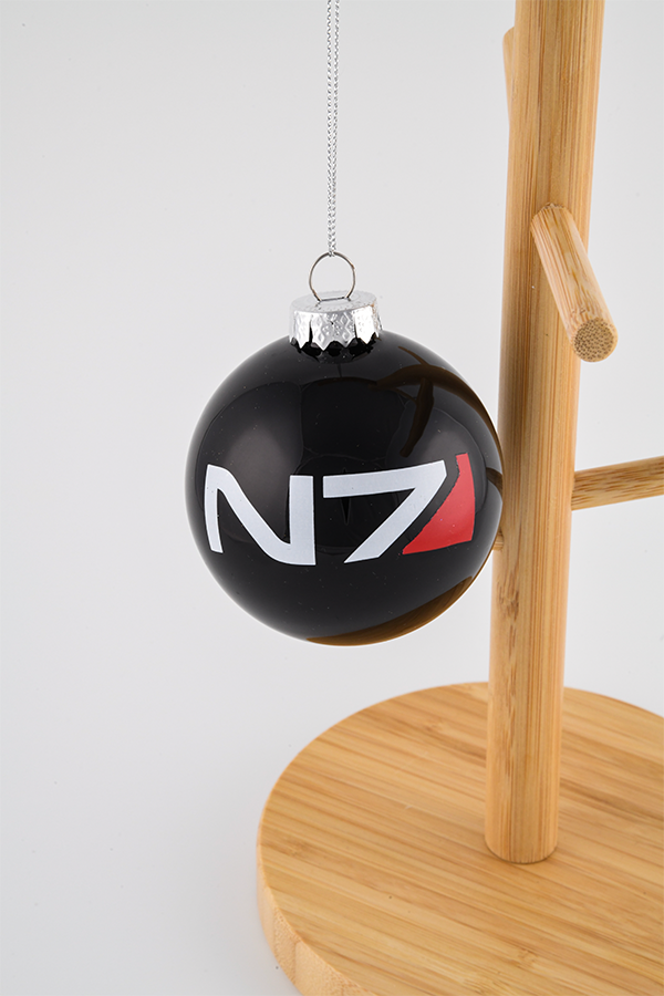 Image shows N7 glass ball hanging and facing front. N7 is a vocational code in the Systems Alliance military. The "N" designates special forces and the "7" refers to the highest level of proficiency. It applies to Alliance personnel who have graduated from the Interplanetary Combatives Training (ICT) program.