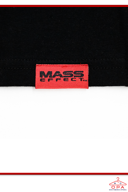 Image shows Mass Effect True Renegade OPA Tee zoomed in at the wearer's right hem. Zoomed in picture shows a Mass Effect branded label. 