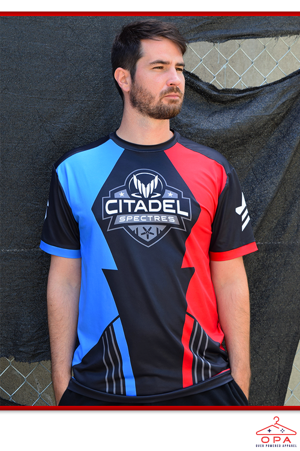Image shows Mass Effect eSport OPA Jersey worn by male model facing centered.