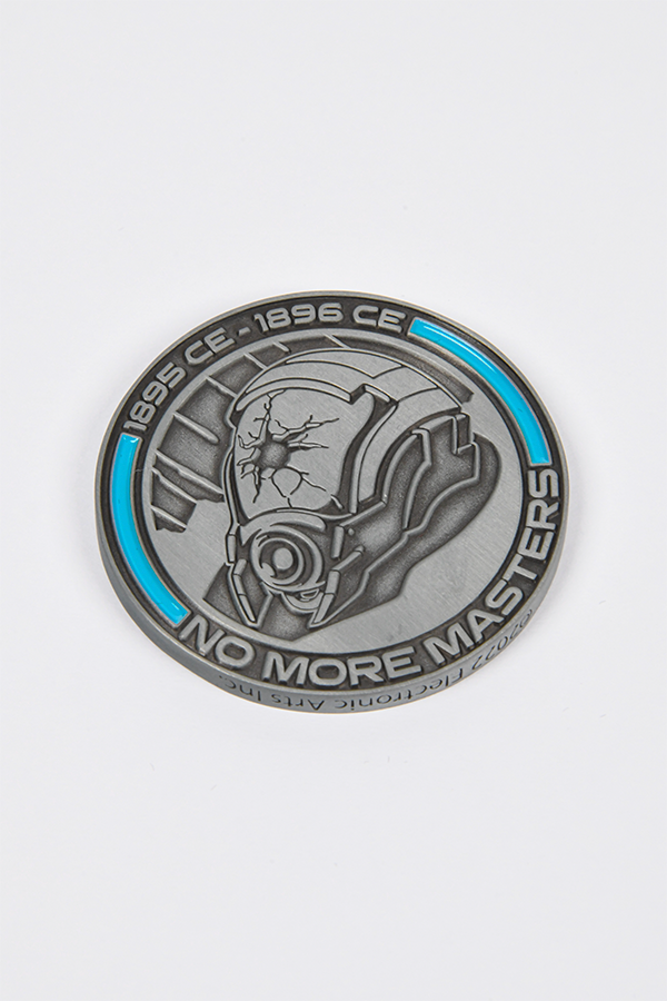 Image shows Mass Effect Morning War Challenge Coin's No More Masters side facing front. The coin is made with zinc alloy with antique pewter finish and soft enamel accents.