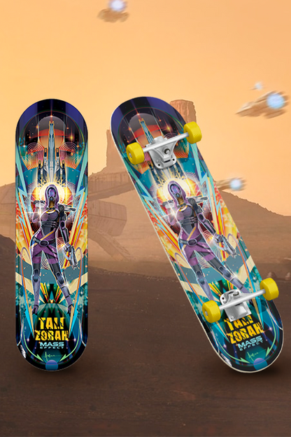 Image shows Mass Effect Tali Zorah Skate Deck with one deck standing up on the left side facing front and another deck with truck and wheels facing at a right angle.