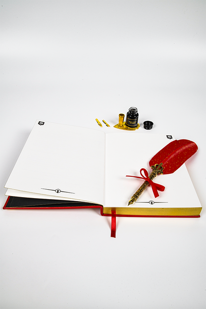 Image shows Dragon Age Varric Writing Box Essential Bundle with the journal laid flat and the pen on top of it while having the ink holder and tips at the background. There are 3 tips that are 4 x 1 cm in size and gold in color.