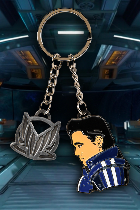 Image shows Mass Effect Spectre Kaidan Keychain facing front. Product features the left facial profile of Kaiden and the Spectre logo in grey.