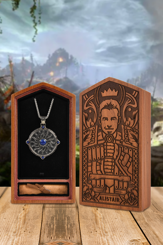 Image shows Dragon Age Alistair Romance Bundle facing front. The bundle includes a wooden box, a love letter and an amulet necklace.