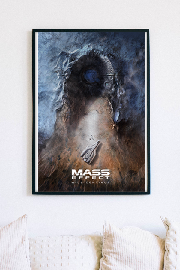 Image shows Mass Effect Mysteries from the Future Lithograph Open Edition hanging on a wall facing front. Product is 24" x 18" and weighs 36oz.