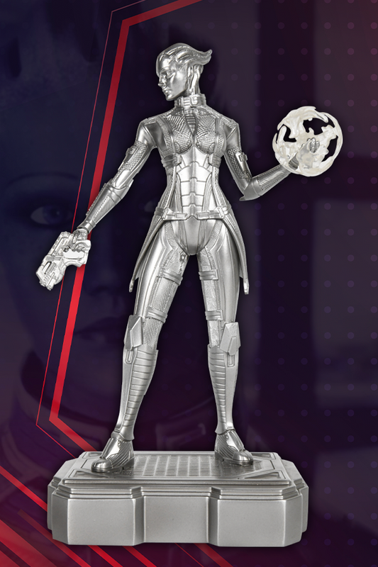 Image shows Liara T’Soni Silver Edition Statue facing front. This beautiful sculpture captures the beautiful Asari scientist in her combat-ready avatar. Her transparent heavy pistol in one hand and signs of telekinetic activation on the other. This silver-colored statue recreates her suit, with mesh and armor exoskeleton woven together to create an intricate outfit. She stands on a thick plinth designed to resemble the planes of the Citadel.