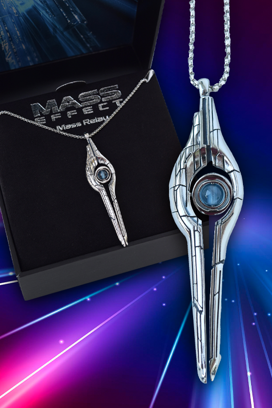 Image shows Mass Effect Mass Relay Necklace facing front. Made using silver-plated brass, this Mass Relay Necklace features darkened details with a contrasting smooth blue crystal core set within two spinning gimbals. A scaled-down version of the real thing, this necklace might not let you enjoy interstellar travel, but it’ll sure bring a lot of attention faster than the speed of light. The necklace comes with a 24” chain closed with a lobster clasp.