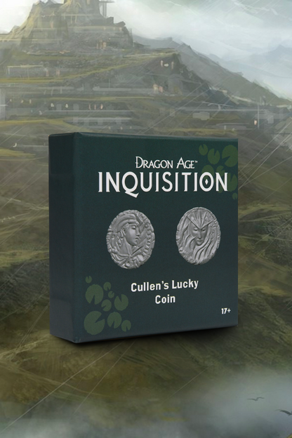 Image shows Dragon Age Cullen's Lucky Coin box upright facing front. Product is a limited edition with only 455 worldwide and 2" in diameter. The two-sided coin is a 1:1 replica of the in-game coin.