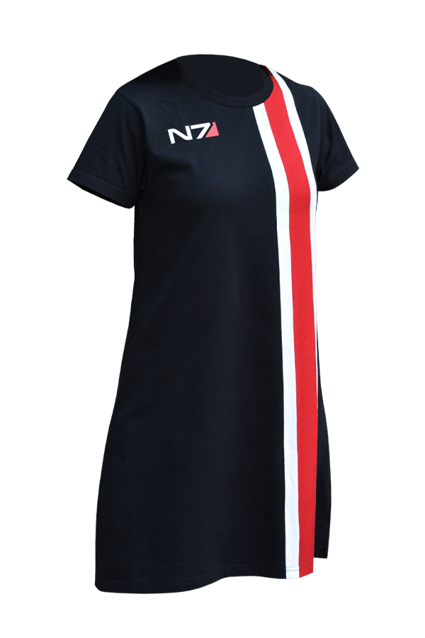 Image shows Mass Effect N7 Dress facing front. Product is made with Premium Fabric and a Bioware Gear Store Exclusive. Product is a pre-washed yarn for an incredibly soft hand feel. 