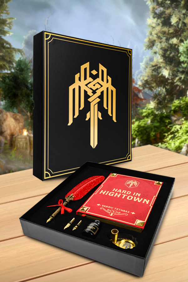Image shows Dragon Age Varric Writing Box Essential Bundle with the black gift box (comes with the product) opened showing all items included. Get into the mind of the writer and pen down your thoughts, journal your adventures and write a novel that’d impress Varric Tethras himself. This set comes in a black gift box that is decorated with a gold foil print and includes pen tips, ink, and a pen holder.