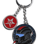 Image shows Mass Effect Shepard Morality Keychain facing front. Product features a Shepard Charm and a 2-sided Morality Charm connected to a key ring. The Shepard charm highlights the character wearing its N7 helmet while the the 2-sided Morality Charm highlights both the Renegade and Paragon symbol.