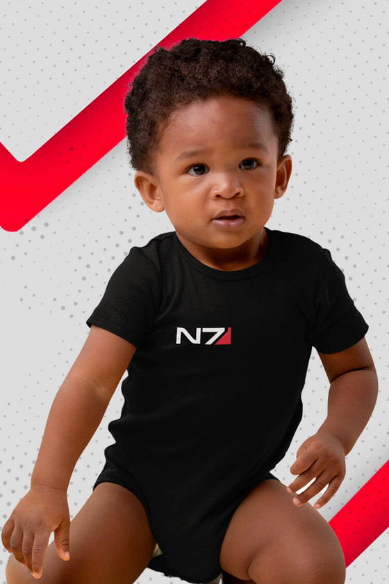 Image shows N7 I Have To Go Baby Onesie worn by male baby model. Made using ringspun cotton, this adorable onesie features a unique three-snap closure for easy access and ribbed binding for extra comfort around the sleeves and openings. Breathable and lightweight, this onesie is super comfortable for your little one, keeping them warm and snug like Shepard’s space suit.