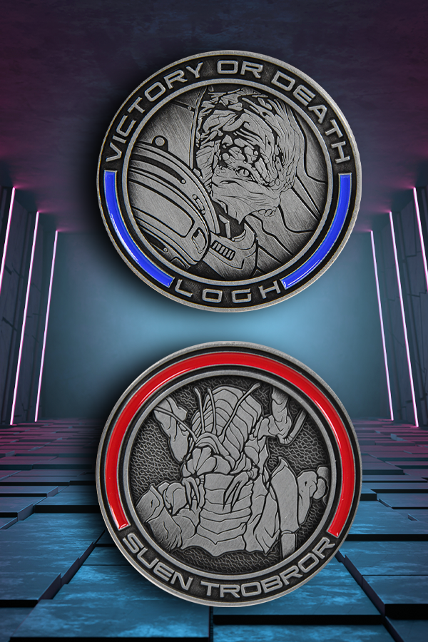 Image shows Mass Effect Rachni Wars Challenge Coin with its two faces facing front. This coin pays tribute to all the brave Rachni exterminators who gave everything up for the future of the galaxy as we know it. It’s time to remember and relive the battle in all its bone-chilling glory with this coin. On one side, you see an image of a Krogan warrior and on the other, a galactic menace that had to be stopped.