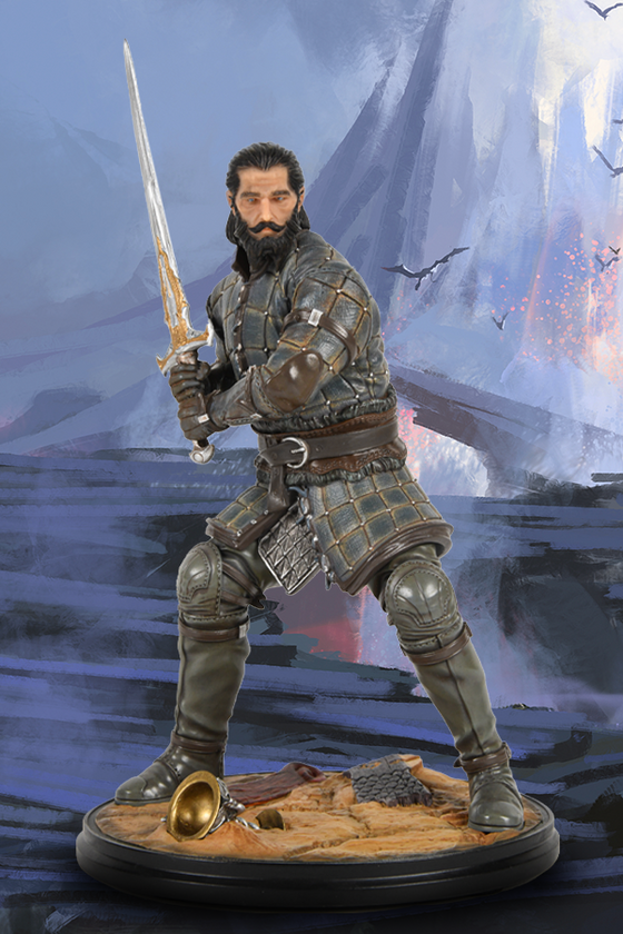 Image shows Dragon Age Blackwall Statue facing front. Product stands on a circular base with a realistic desert surface that is detailed with a goblet and other abandoned wares. His stance seems ready to strike as he holds his embossed sword. His signature slicked-back mane and forked facial hair are detailed with streaks of grey. His leather gauntlets, tunic, and boots are recreated exactly like in the game.