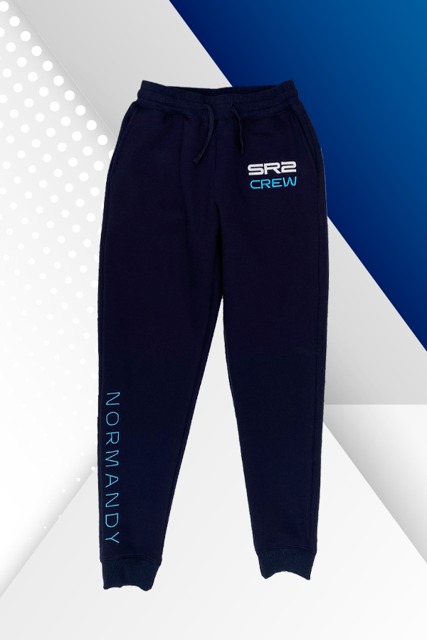 Image shows Mass Effect SR-2 Crew Member Lounge Set's pair of blue pants facing front. Pants is made of 65% Navy Cotton and 35% Polyester.