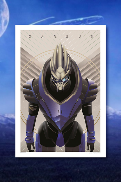 Image shows Mass Effect Garrus Fine Art Print Facing front. Garrus’ colorful ensemble stands out from the neutral-colored background. Inspired by Art Deco, the circular ring and the textured pattern behind him resemble a halo and wings—a worthy homage to the archangel. The fearless spirit of the Archangel lives through this fine art print with its contemporary art style and the brilliant use of neutral hues.
