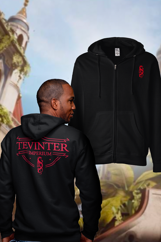 Image shows Dragon Age Tevinter Hoodie worn by male model facing back and just the hoodie facing front. Whether you’re mesmerized by the dark magic and rich history of Tevinter Imperium or baffled by the evil that stems out of it, you cannot deny the sheer grandeur of it all. This hoodie features the heraldry of Tevinter on the chest panel and the back. Use it to blend in with the mages or show alliance with the nobility of this twisted magocracy.