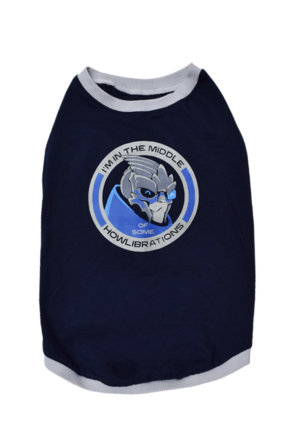 Image shows Mass Effect Garrus Barkarian Dog Tee and Bandana Set's dog tee facing front. Dog tee features ribbed hems and sleeves that add a contrasting touch, recreating Garrus' signature space suit.