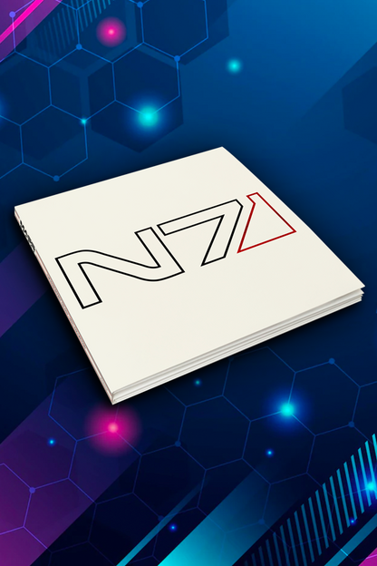 Image shows Mass Effect Vinyl Collection 4LP Tali Variant Box Set facing front laid flat. Product comes in a white subdued design with outline of the N7 logo bearing a foil stamping.