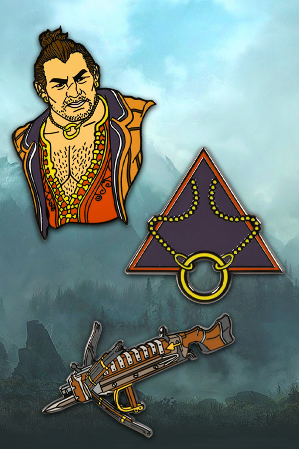 Image shows Dragon Age Varric Pin Set facing front. With this pin set, we recreated Varric, Bianca, and his necklace, each made with zinc alloy and hard enamel.
