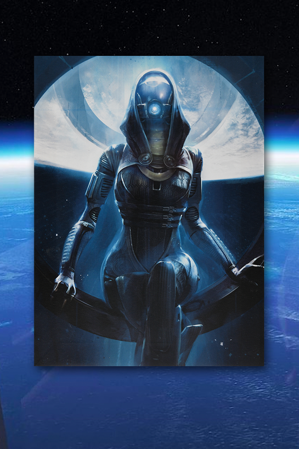 Image shows Mass Effect Tali Small Canvas Print facing front. This brilliant canvas print depicts Tali Zorah nar Rayya sitting on a circular windowsill, with details of her bio-suit—the honeycomb patterns, the buckle belts, the swirls, and the armor—along with her brass neck plate, intricately patterned hood, and the glistening helmet. The more you stare at this canvas print, your craving grows to meet her again, even if it was in a rickety Citadel chamber.