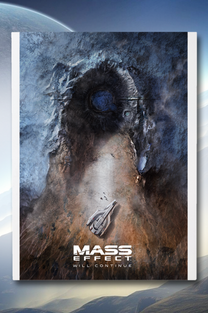 Image shows Mass Effect Mysteries from the Future Lithograph Open Edition facing front. Lithograph features a Krogan and its 4-member team walk towards a GEth-shaped crater with a ship that resembles the Normandy with SFX emblazoned on either side. Product higlights "at least five" surprises within the poster.