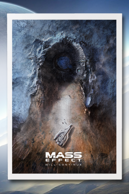 Image shows Mass Mysteries from the Future Lithograph facing front. Lithograph shows a Krogan and its 4-member team walk towards a Geth-shaped crater with a ship that resembles the Normandy.