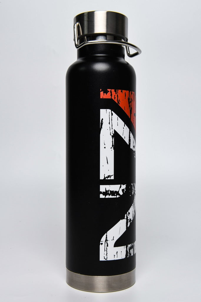 Image shows Mass Effect Distressed N7 Water Bottle standing up facing at an angle. Product features a wide, curved shoulder for its inner wall, which provides a smooth and controlled transition of liquid from the body to the neck of the bottle. 