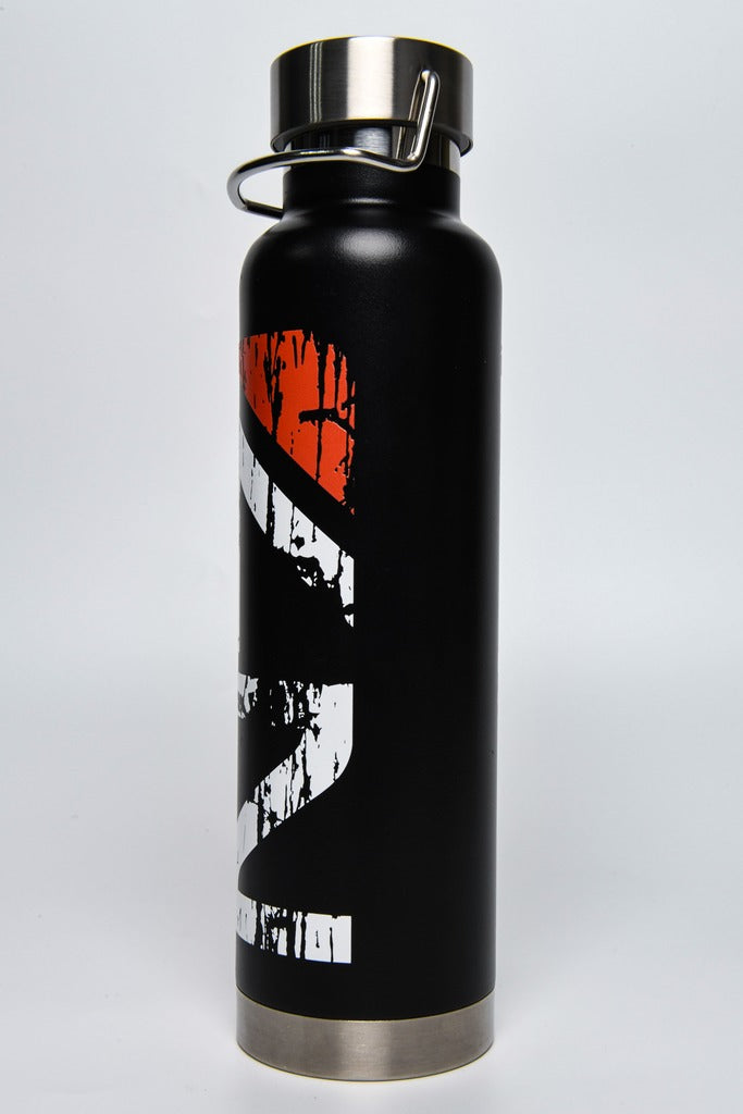 Image shows Mass Effect Distressed N7 Water Bottle standing up facing at an angle. Product is made of stainless steel and is 10 inches in height and 3 inches in width. This bottle can hold up to 24 oz.