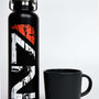 Image shows Mass Effect Distressed N7 Water Bottle standing up beside a mug (for scale). Product features a copper vacuum insulation, threaded insulated lid, carrying handle and high-polish rim.