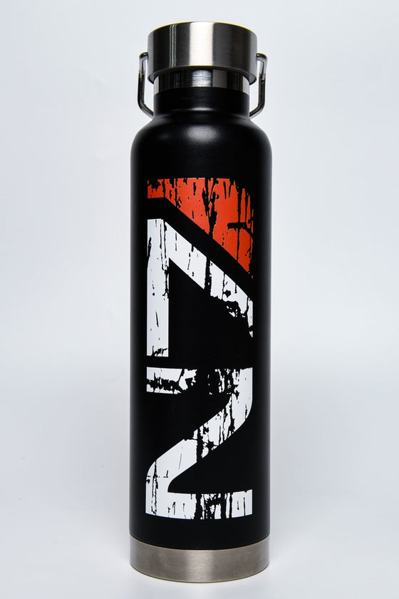 Image shows Mass Effect Distressed N7 Water Bottle standing up facing front. Product features two layers with a vacuum-insulated space in between. This prevents heat from escaping or coming into contact with your drink. To make the system even more effective, we upgraded the outside of the inner wall with copper.